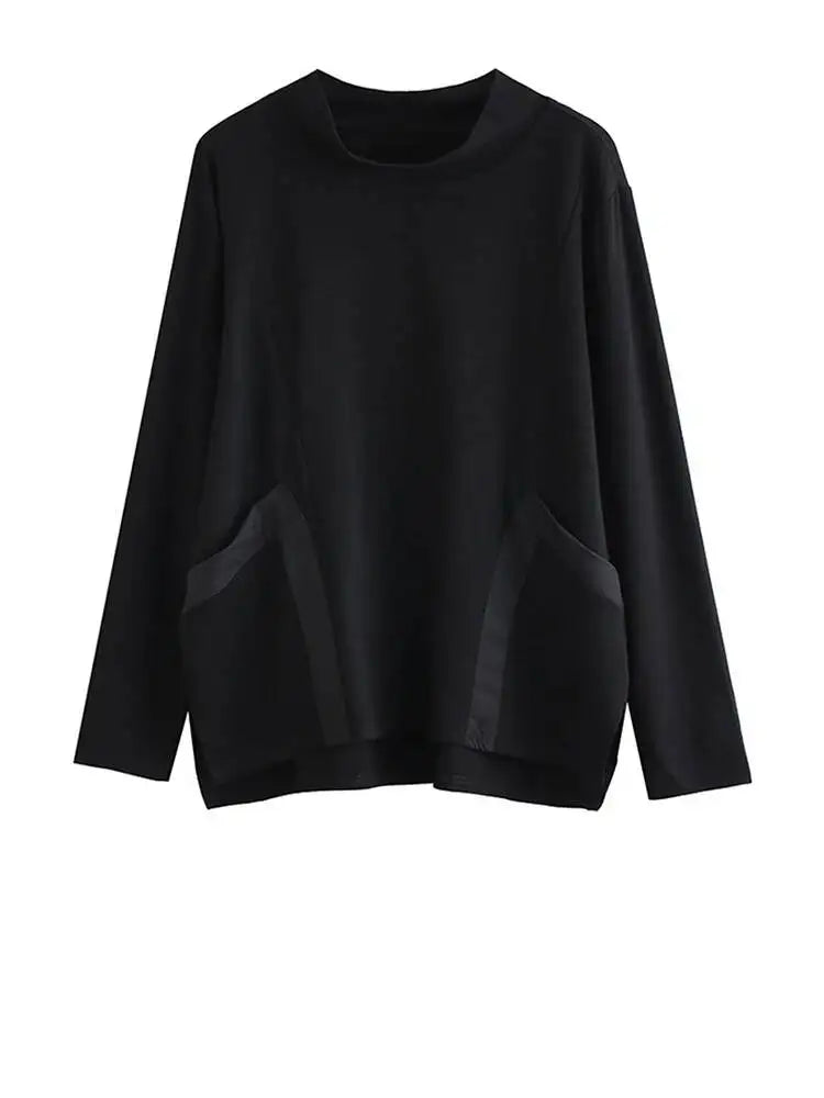 EAM Loose Fit Pocket Irregular Black Sweatshirt New Stand Collar Long Sleeve Women Big Size Fashion Spring Autumn 2026 1DE4263