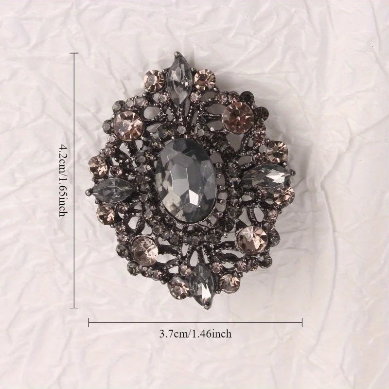Vintage - Style Brooch, Metal Base with Dark Crystals, Gorgeous Pin with Ornate Hollow Design, Ideal for Coat & Gown Decoration