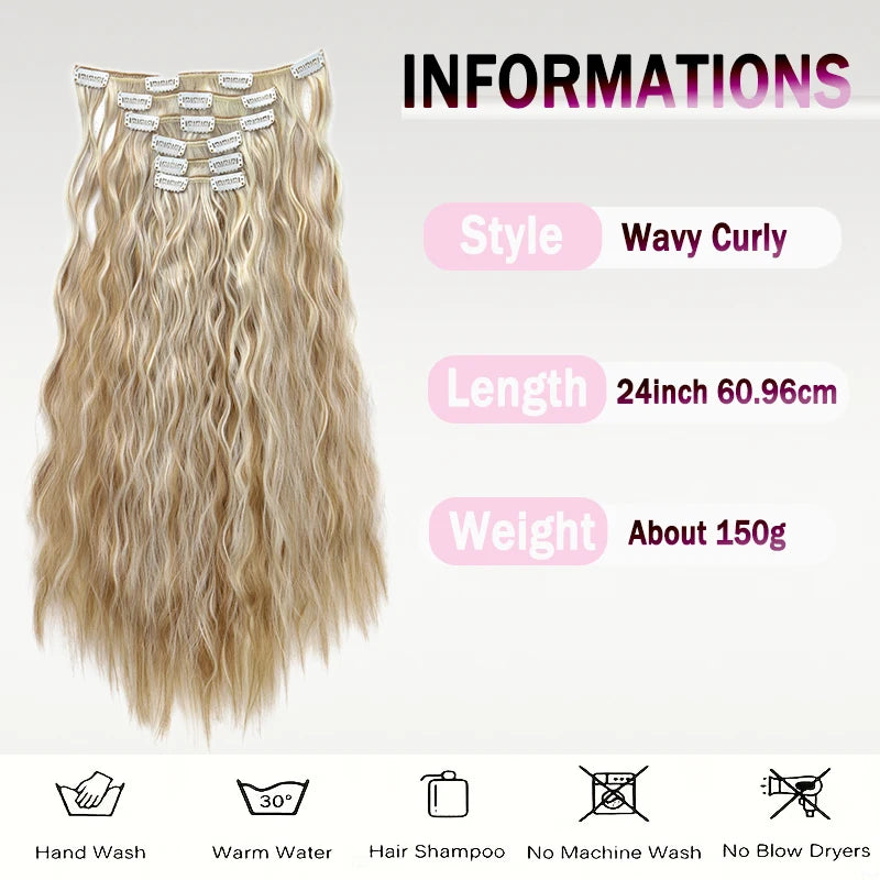 24Inch Synthetic Long Kinky Curly Clip-in Hair Extensions for