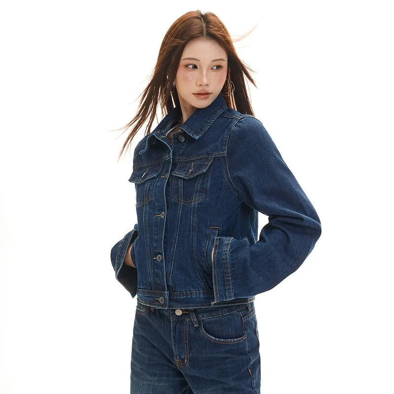 OIQERE Women Classic Dark Denim 2‑Piece Set Y2K Streetwear Lapel