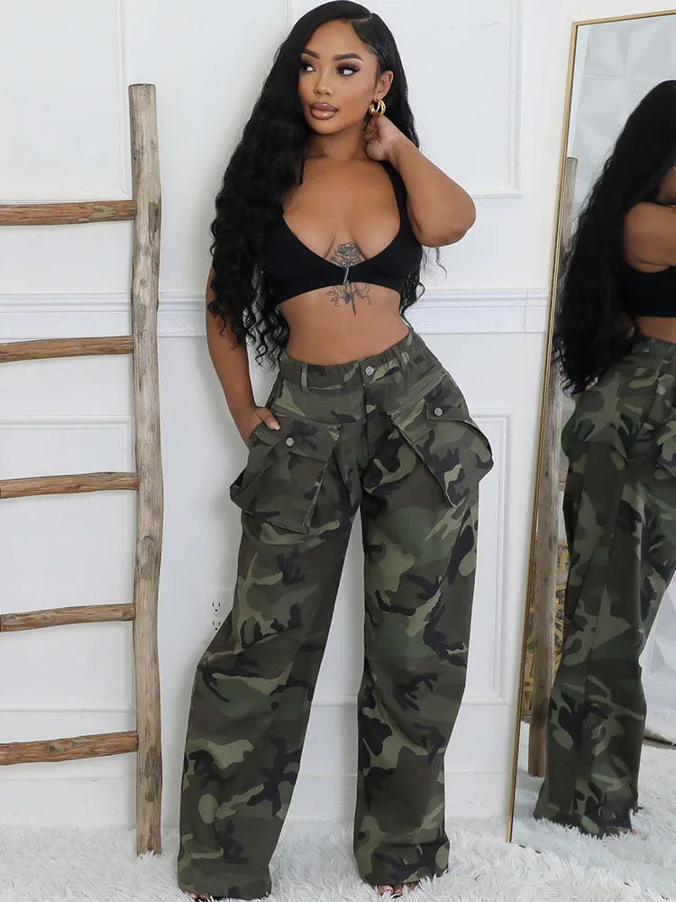 Camouflage Printed Cargo Pants for Women Y2K Vintage Buttons