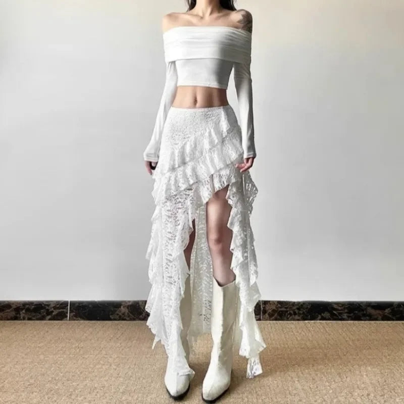 White Sweet Design Lace Patchwork Ruffle High Waisted Y2K Skirt