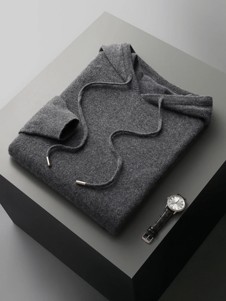 MVLYFLRT Men's 100% Merino Wool Sweater Hooded Collar Knitted Pullover Sweatshirt Autumn Winter Casual Large Tops Long Sleeved