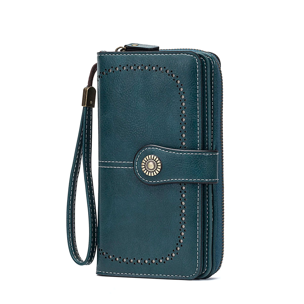 Rfid Anti-Theft Wallet for Men and Women, European and American Retro Leather Long Wallet Clutch, Oil-Waxed Leather Hollow-Out Multi-Card Slot Wallet, Large Capacity Zipper 70% off Clutch Bag, Card Holder Coin Purse Wallet Ha