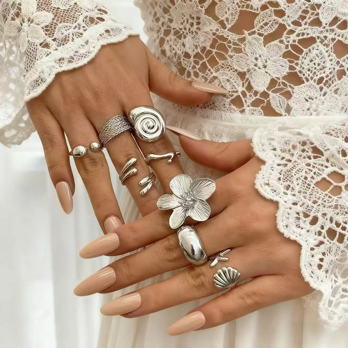 8-Piece Set Retro Metal Petal Water Drop Open Ring Women's