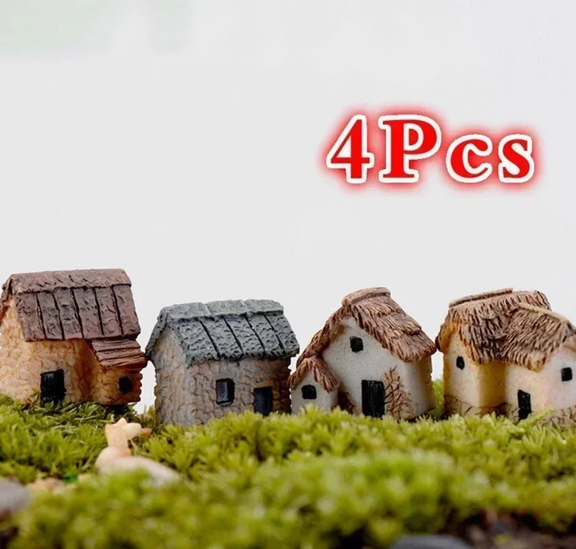 4Pcs House Miniature Figurine Fairy Accessory Home Decor Cartoon Animal Building Statue Resin Craft Small Creative Crafts Gifts