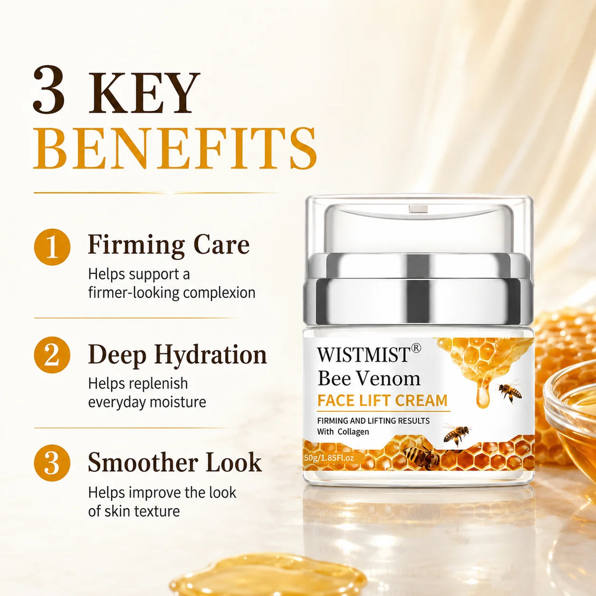 WISTMIST Bee Venom Face Cream, Firming & Lifting Facial Moisturizer with Collagen, Hydrating Anti Aging Skin Care Cream for Fine Lines, Wrinkles & Elasticity, Nourishing Day Night Face Moisturizer for Women Men, 50g