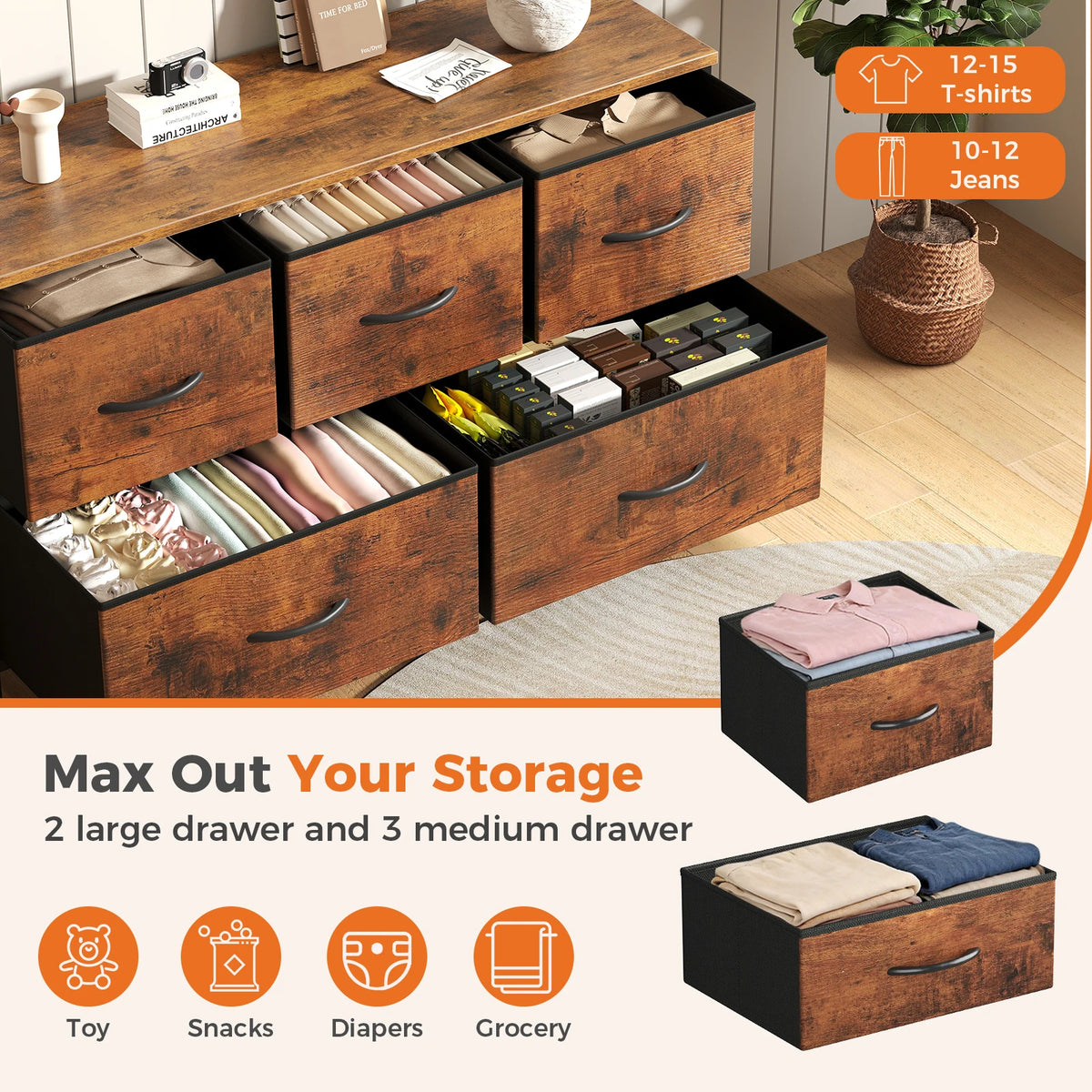 MCQ 5 Drawer Dresser for Bedroom Closet Chest Organizer