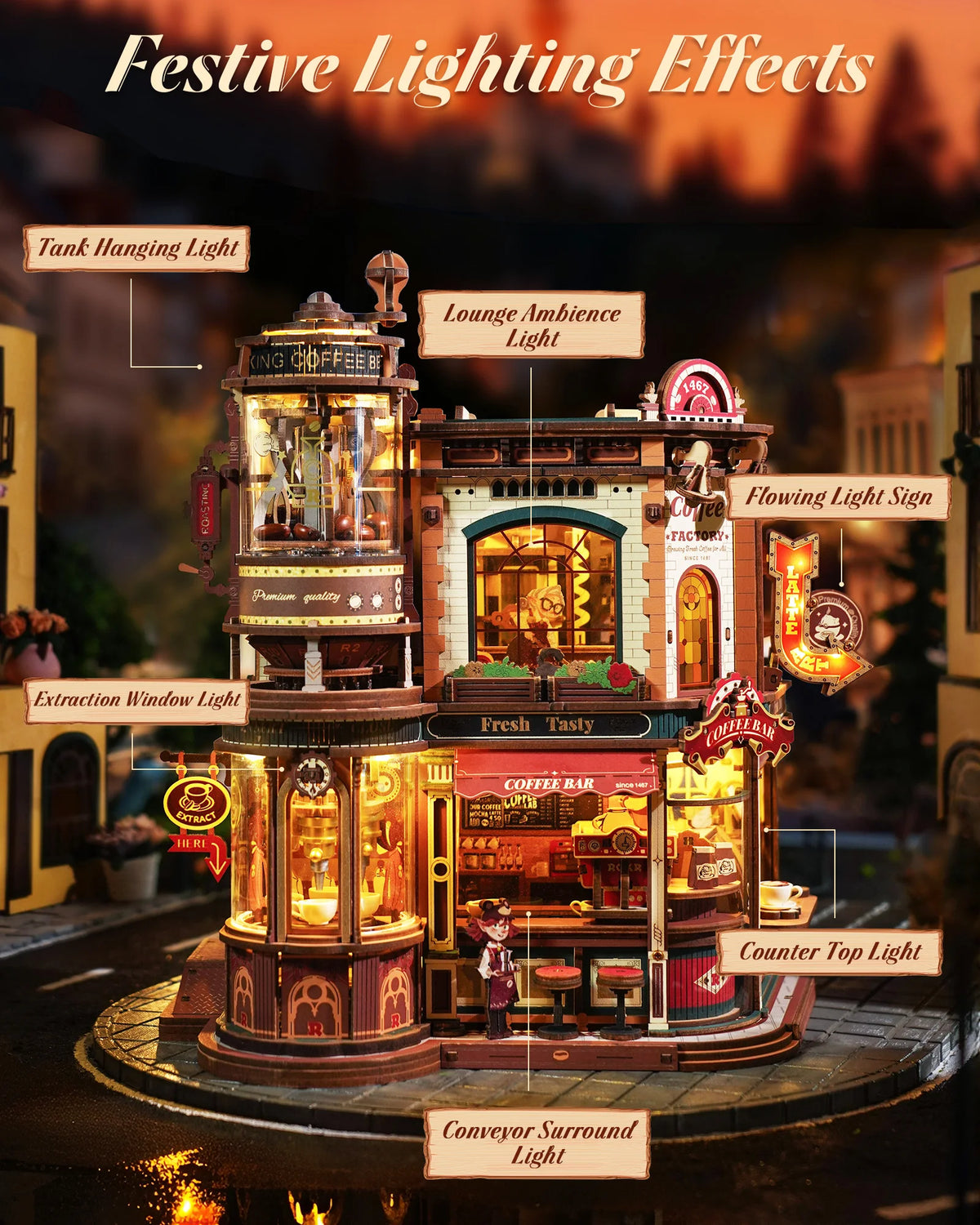 ROKR Wooden 3D Puzzle Dream Coffee Factory Music Box