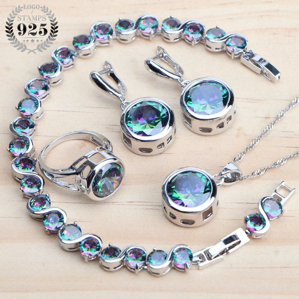 925 Sterling Silver Rainbow Zircon Bridal Jewelry Set