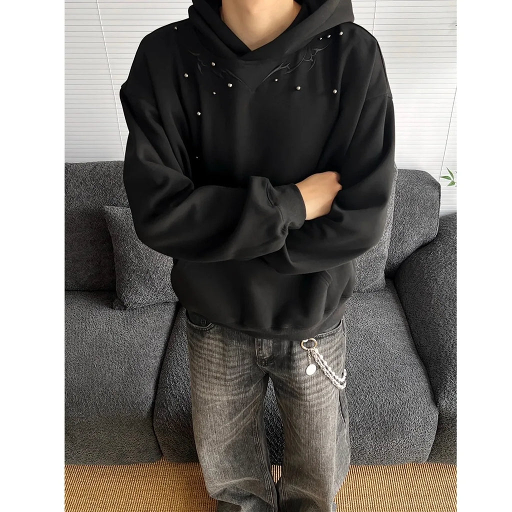 American Retro Spine Embroidered Metal Rivet Pullover Hooded Sweatshirt Men Women High Street Hip-Hop Loose Casual Streetwear