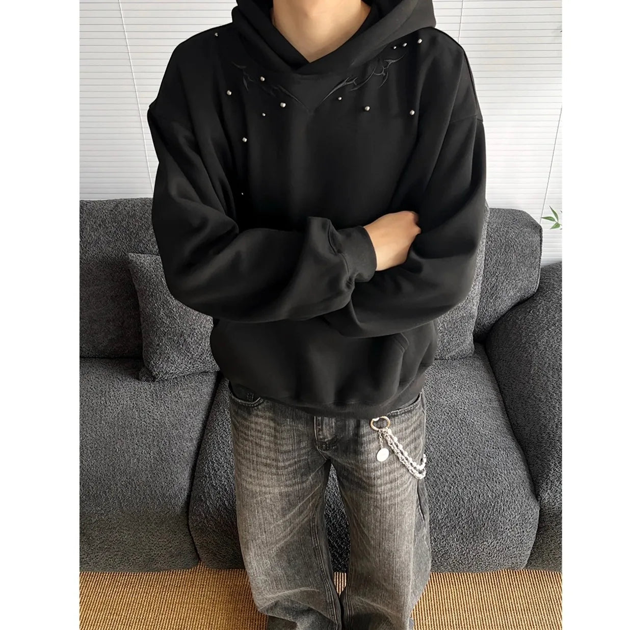 American Retro Spine Embroidered Metal Rivet Pullover Hooded Sweatshirt Men Women High Street Hip-Hop Loose Casual Streetwear