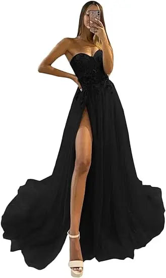 Sparkle Tulle Prom Dresses 2025 Sweetheart 3D Appliques Wedding Dresses Long Formal Evening Ball Gowns with Slit Dress for Women