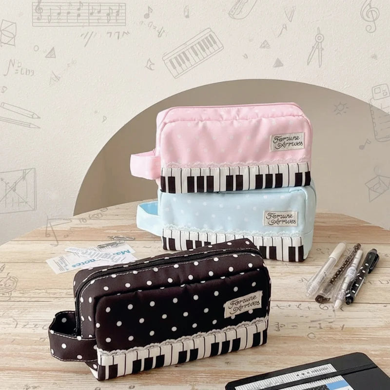 Kawaii Polka Dot Piano Key Print Pencil Case With