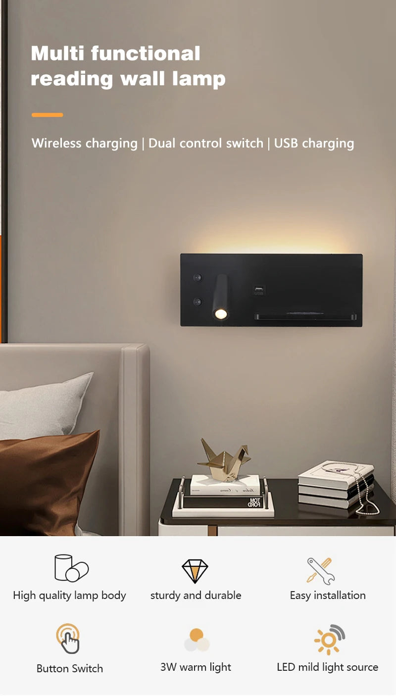 Multi Functional Wall lamp with Mobile phone Wireless charger switch USB interface Bedroom Night light LED Reading wall light