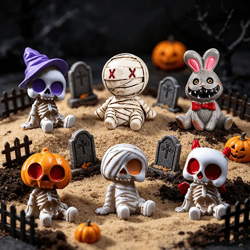 6pcs Halloween Resin Skeleton Mummy Figurines Mini Statues for DIY Micro Landscape Bonsai Car Desk Decor Gift for family