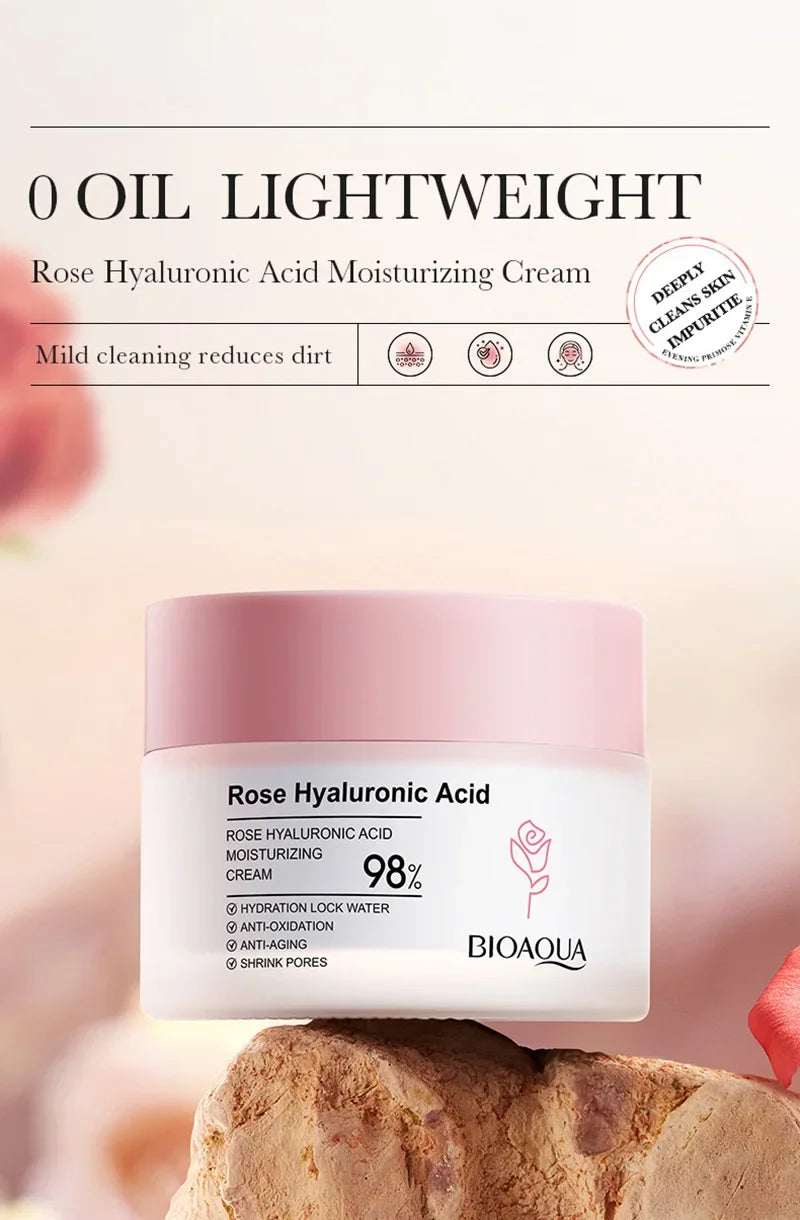 BIOAOUA Hyaluronic Acid Rose Essence Cream Shrink Pores Anti-oxidation Lock Water Hydrating Moisturizing Face Cream Skin Care