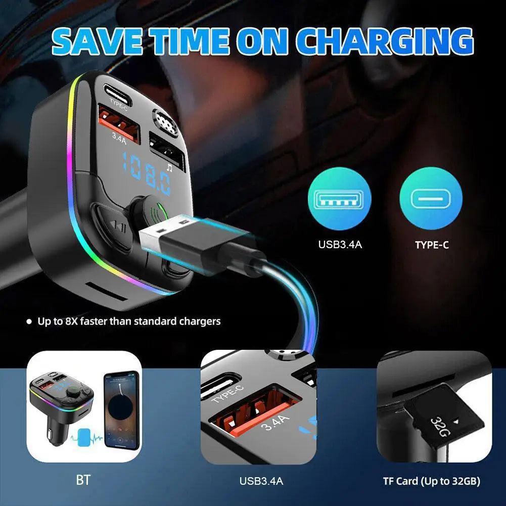 Bluetooth 5.0 Car FM Transmitter Wireless Charger PD Type C Fast Charge Dual USB Charger Ambient Light MP3 Player Handsfree