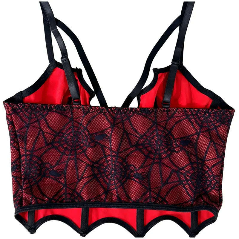 Gothic Spider Web Boned Corset Top Women Y2K Cropped Cami Tank Top