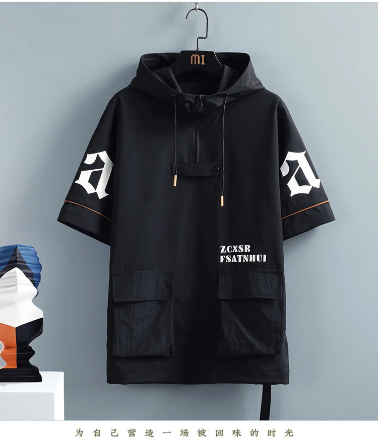 2 Pcs/Set Men Tracksuit Short Sleeve Hoodies+Pants Hooded Elastic Waist Summer Hip Hop Sweatshirt Sweatpants Loose Set