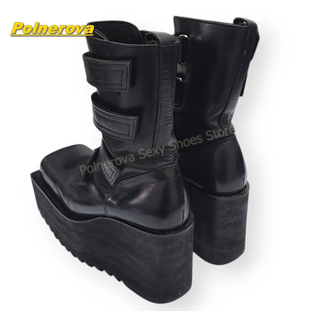 Vintage Y2K Wedge Mid Calf Boots Women Square Toe Hook and Loop
