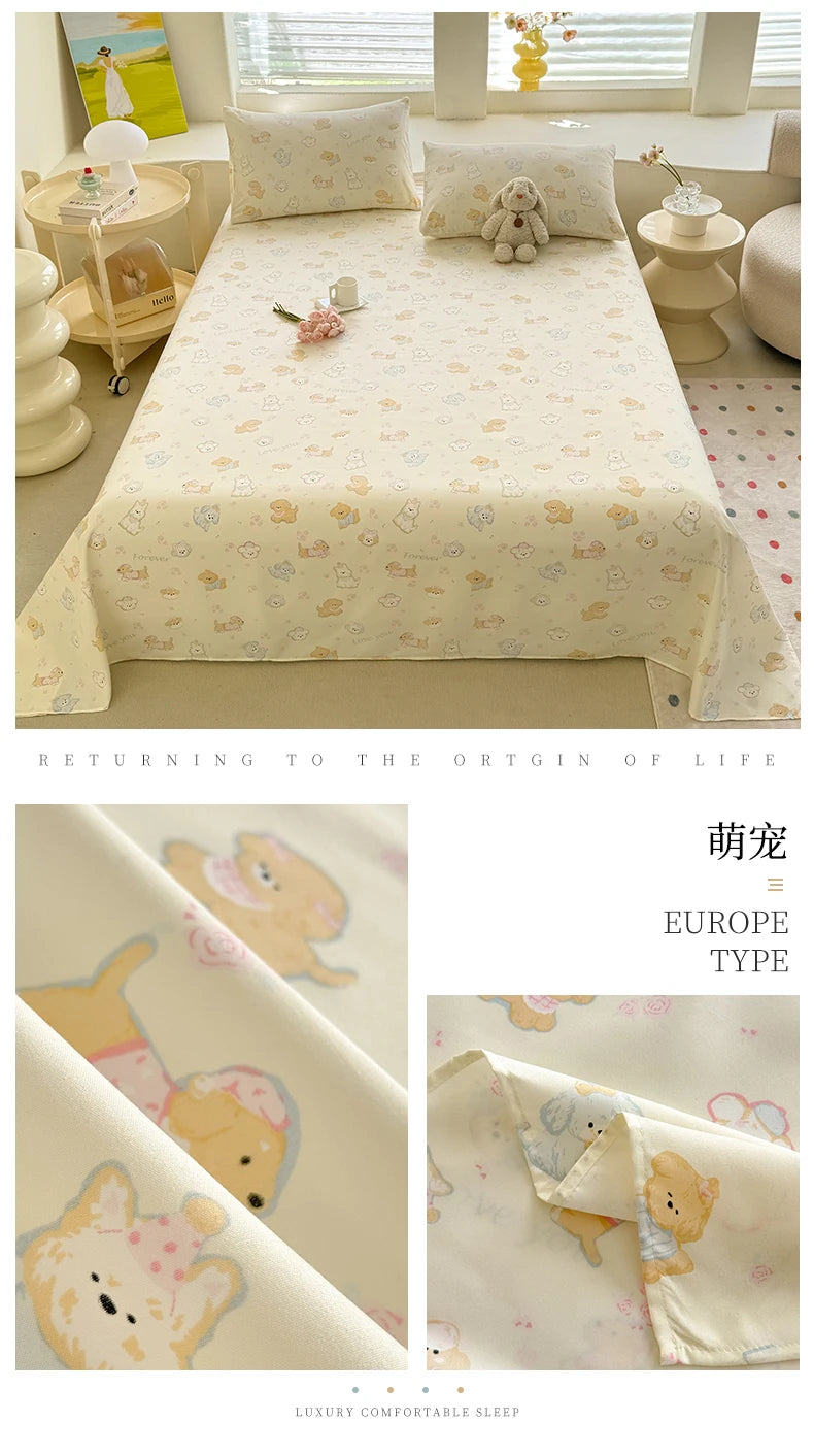 1pc Washed Cotton Flat Bed Sheets Single/Queen/King Size Bed Cover for Double Bed Flower Printed Soft Bed Sheets Top Sheets Set