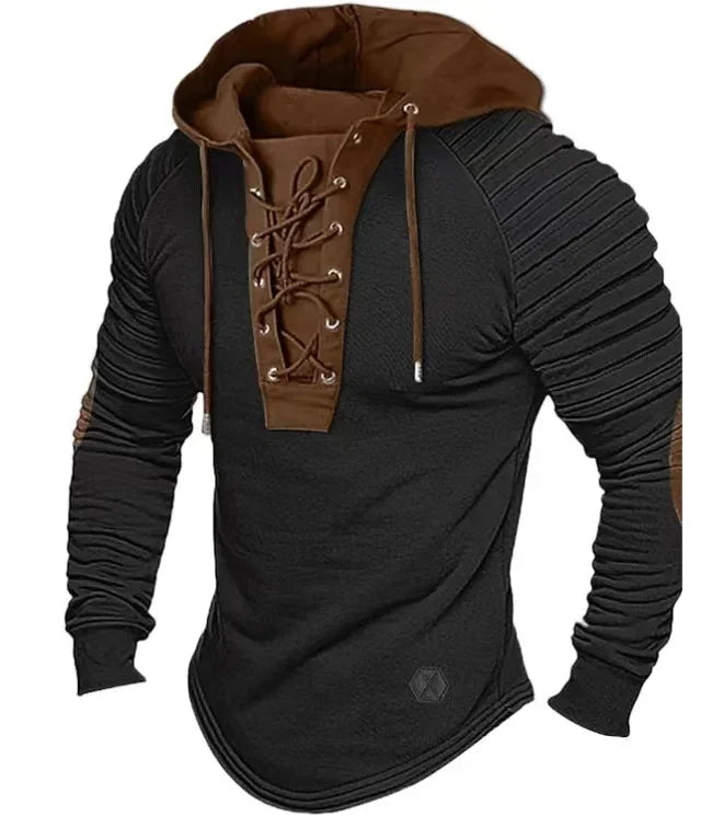 2024 New Autumn Winter Men's Solid Color Casual T-shirt Top Long Sleeved Shirt Slim Fit Pleated Hood Street Vacation Sweatshirt