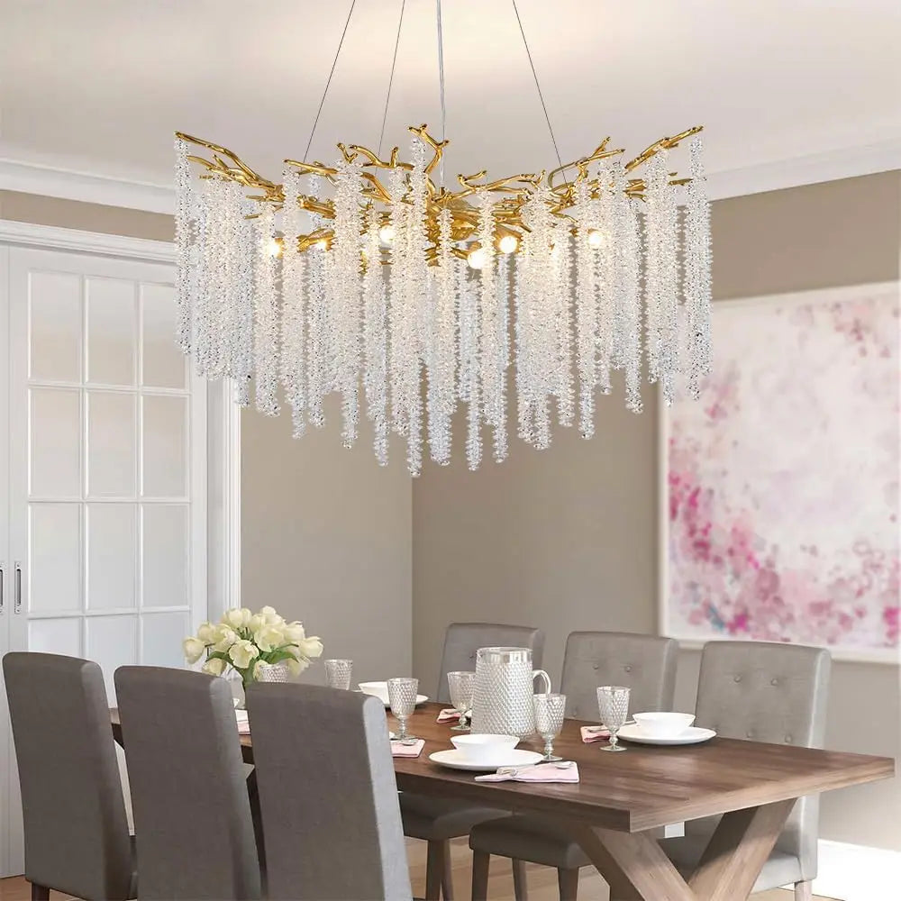 Artpad Luxury Round Crystal Chandelier Dining Room Bedroom Branch Crystal Hanging Pendant Chandelier for Kitchen Living Room
