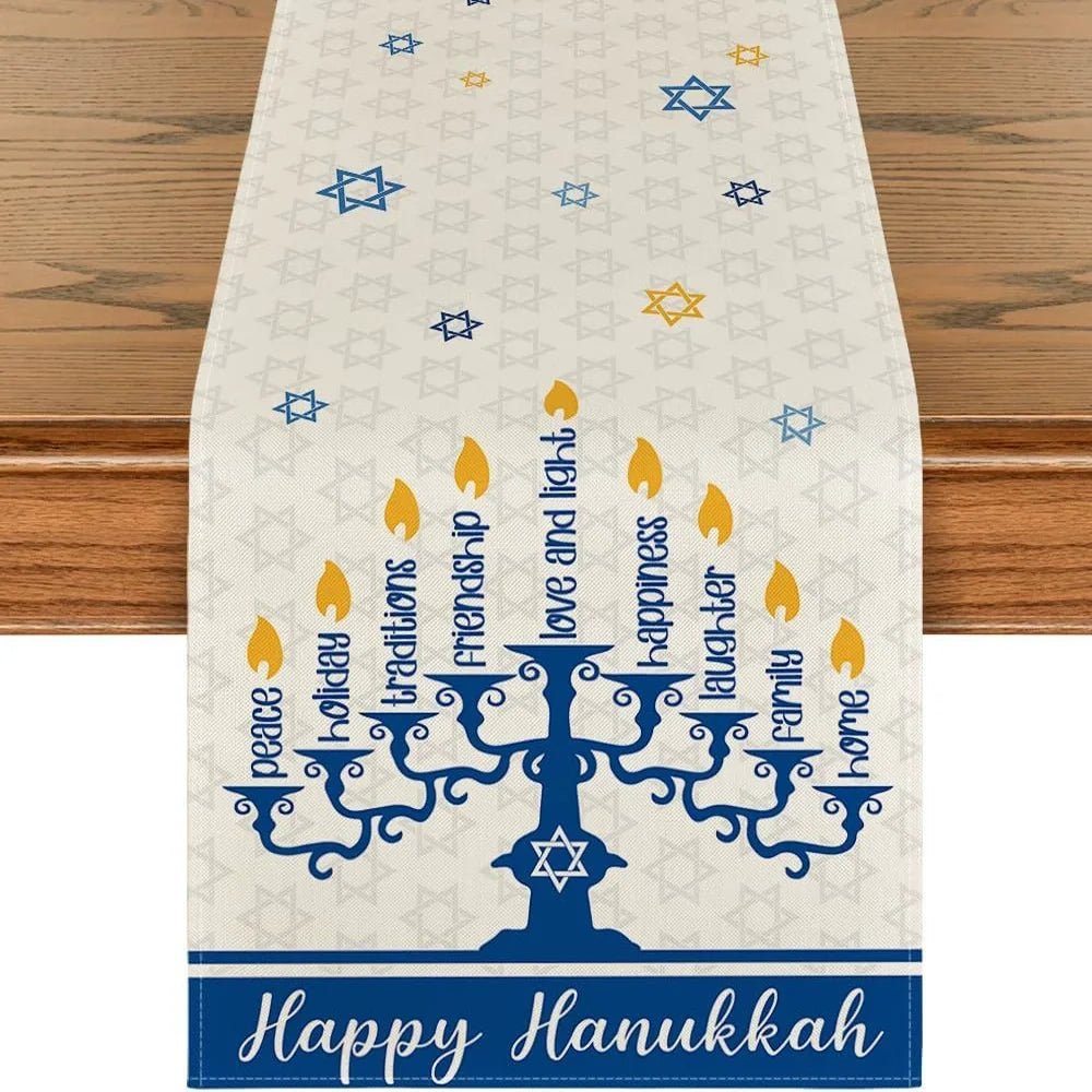 Menorah Hexagram Dreidel Hanukkah Table Runner, Chanukah Holiday Kitchen Dining Table Decoration for Home Party Decor