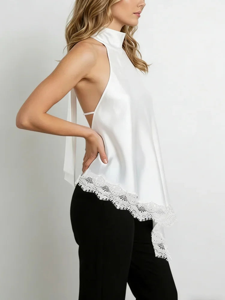 Women's Satin Camisole Sexy Lace Sleeveless Tank Top Y2K High Neck