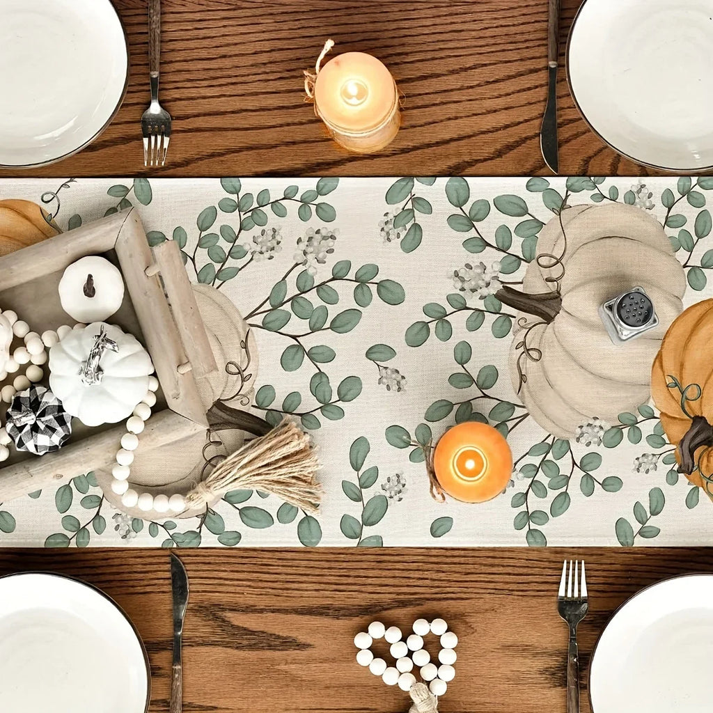Orange Pumpkins Eucalyptus Leaves Fall Table Runner, Autumn Thanksgiving Christmas Halloween Kitchen Dining Table Decoration