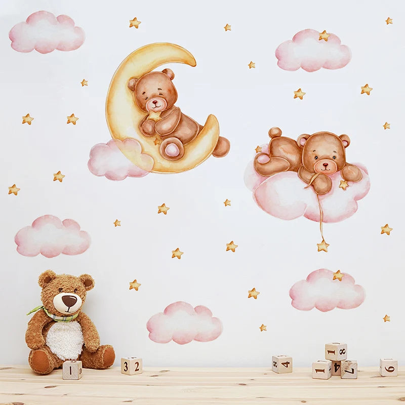 Cute Bear Moon Star Wall Stickers for Kids Rooms Girls Boys Baby Room Decoration Kawaii Cartoon Animal Nursery Wallpaper Vinyl