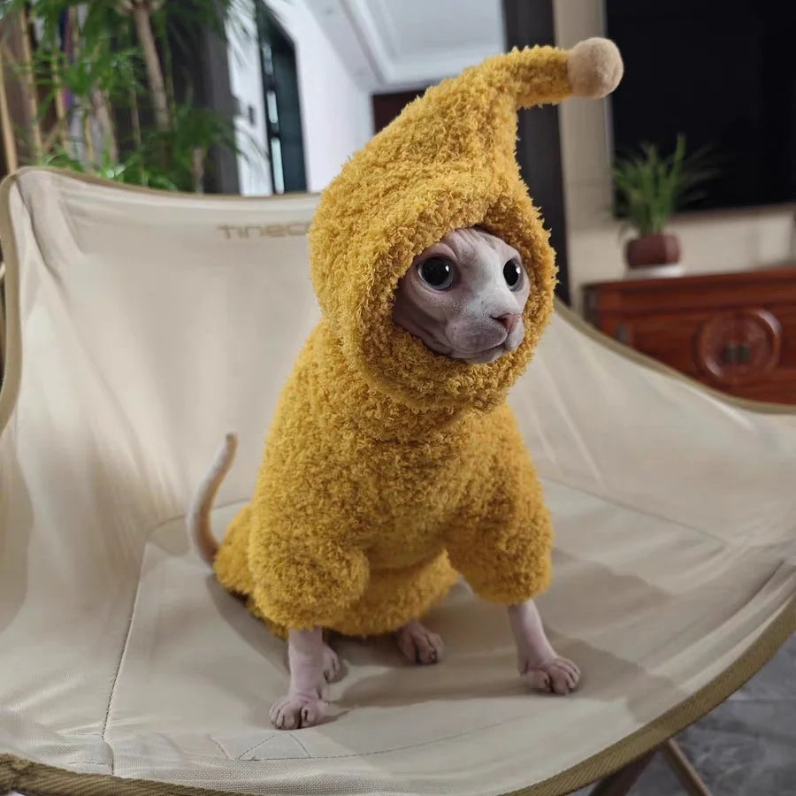 Winter Warm Plush 4-legged Sweatshirt Hat Suit for Devon Rex in Winter Soft Yellow Red Sweater for Sphynx Cat Kittens Khaki Coat
