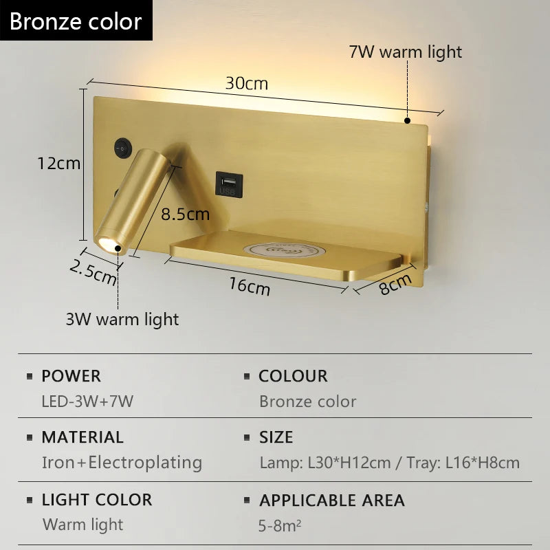 Multi Functional Wall lamp with Mobile phone Wireless charger switch USB interface Bedroom Night light LED Reading wall light