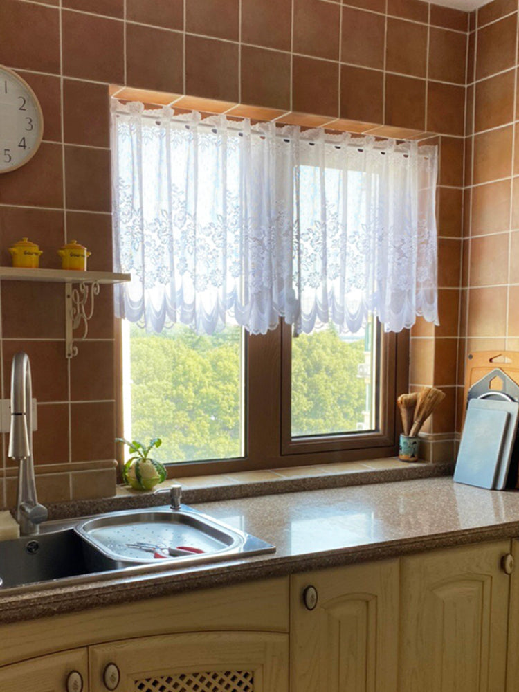 1pc White Lace Sheer Curtains Dining Room Kitchen Cafe Voile Valance Short Curtain Window Treatment Door Curtain Drapes