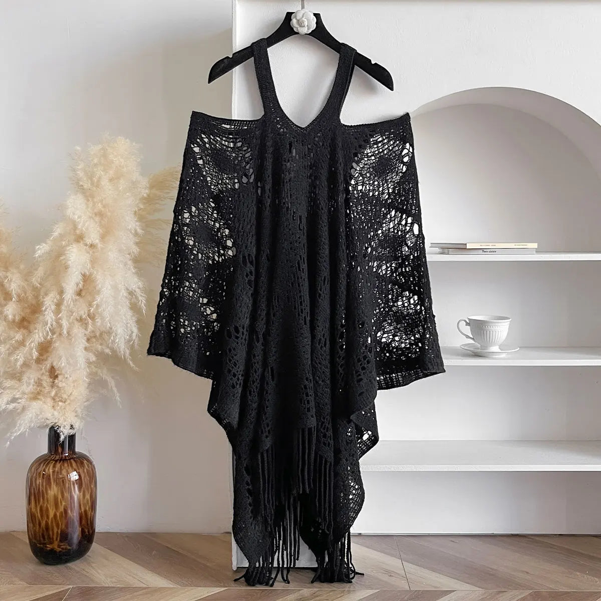 New Spring and Summer Fashion Women's Fringed Knitted Shawl Women Hollow out Solid Color Capes Knitted Pullover