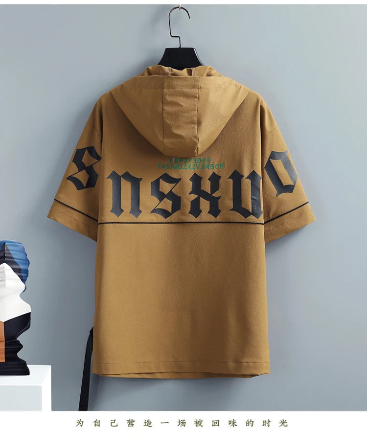 2 Pcs/Set Men Tracksuit Short Sleeve Hoodies+Pants Hooded Elastic Waist Summer Hip Hop Sweatshirt Sweatpants Loose Set