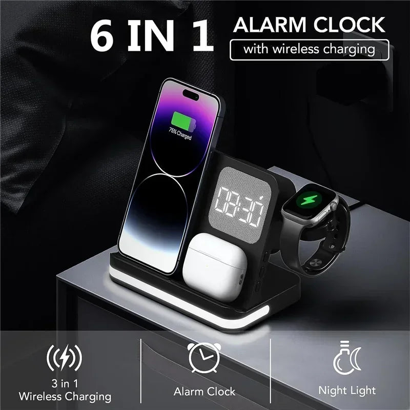Phone Watch Wireless Charger with LED Light Clock Alarm For iPhone 16/15/14/13/12 Apple Watch 2-10 SE  Airpods Pro Fast Charging