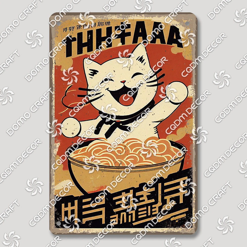 Cartoon Cat Japanese Food Plaque Tin Sign Retro Ramen Sushi Takoyaki Poster Metal Plates Bar Pub Restaurant Kitchen Wall Decor