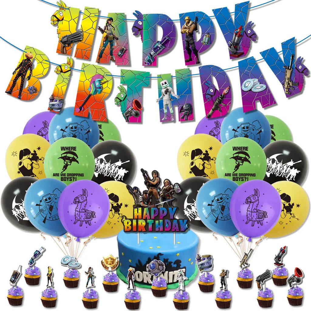 Fortnite Balloons Shooting Game Ballons Boy Girl Happy Birthday Banner Party Decoration Alpaca Llama Tableware Cake Topper Toy