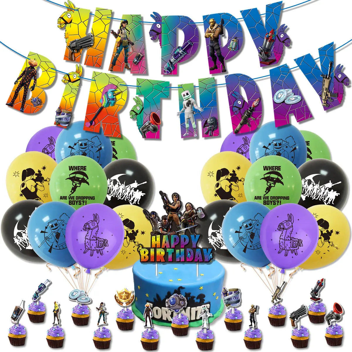 Fortnite Balloons Shooting Game Ballons Boy Girl Happy Birthday Banner Party Decoration Alpaca Llama Tableware Cake Topper Toy
