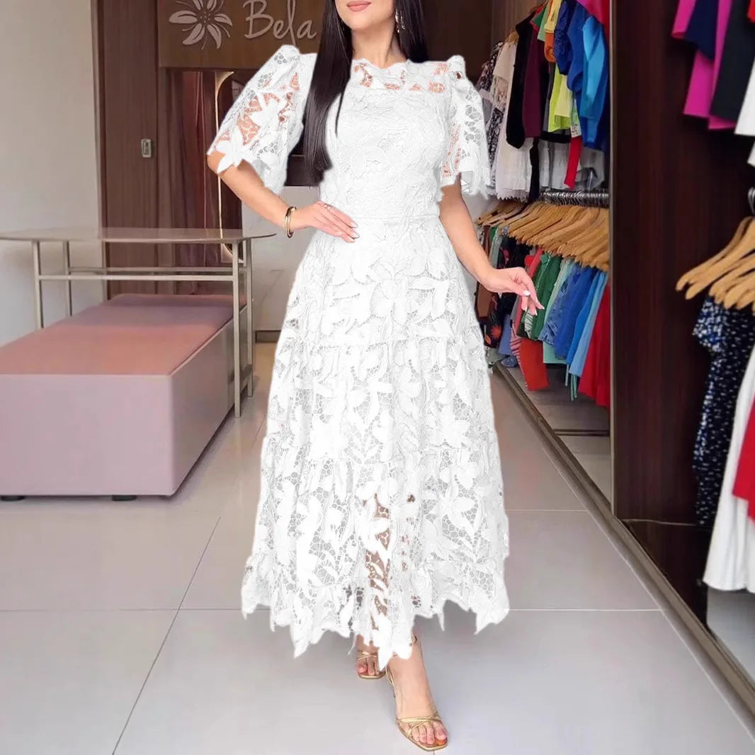 Women Hollow Out Dresses A Line Solid Dress Ankle