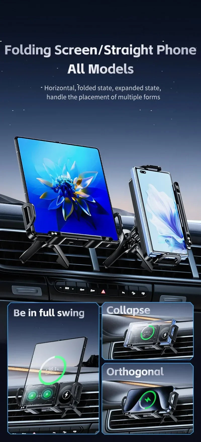 Car Wireless Charger Stand Fold Screen Fast Charging For Samsung Galaxy Z Fold 6 5 4 S24 Ultra iPhone 16 15 14 Pro Phone Holder