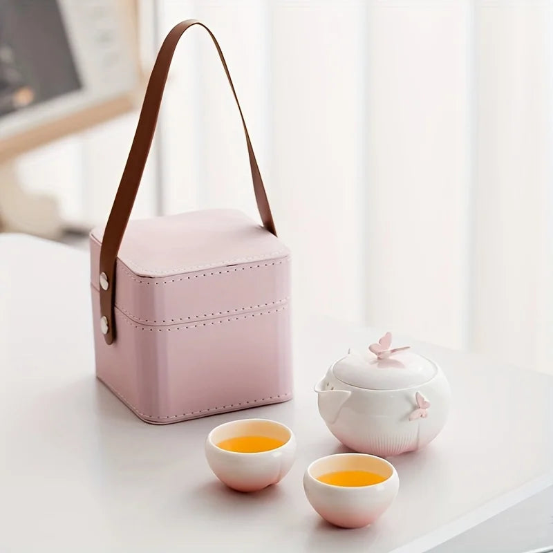 Butterfly-shaped tea set with storage bag, portable camping ceramic teapot suitable for outdoor, travel, and home use