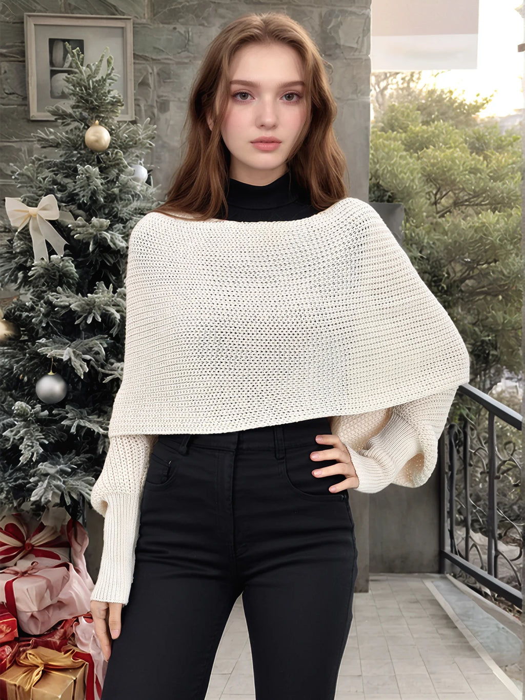 Woman Knitted Shawl Scarf With Long Sleeve Autumn Winter Outdoor Warm Soft Windproof Hollow Out Crop Top Shawl Scarf 210*33cm