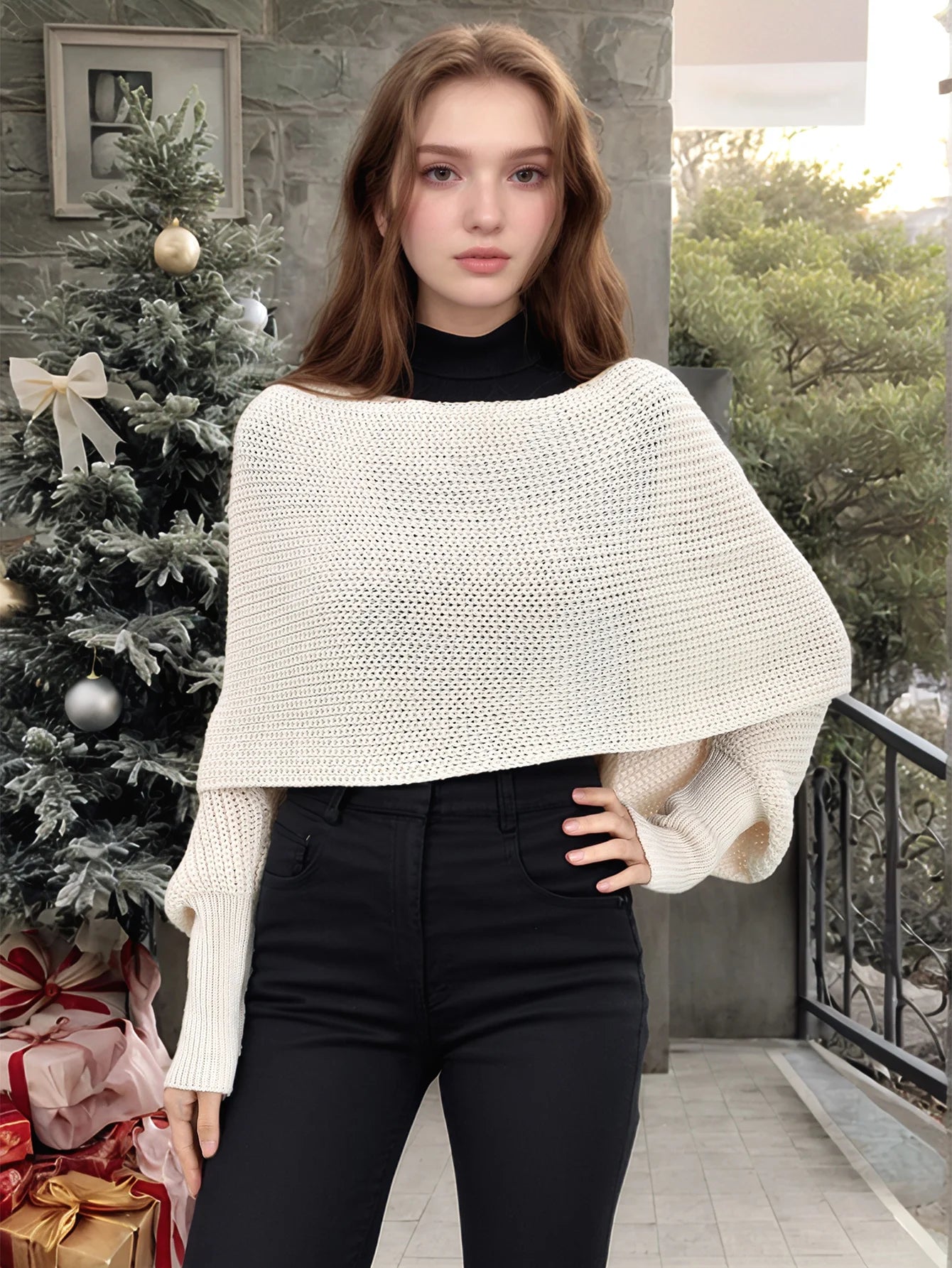 Woman Knitted Shawl Scarf With Long Sleeve Autumn Winter Outdoor Warm Soft Windproof Hollow Out Crop Top Shawl Scarf 210*33cm