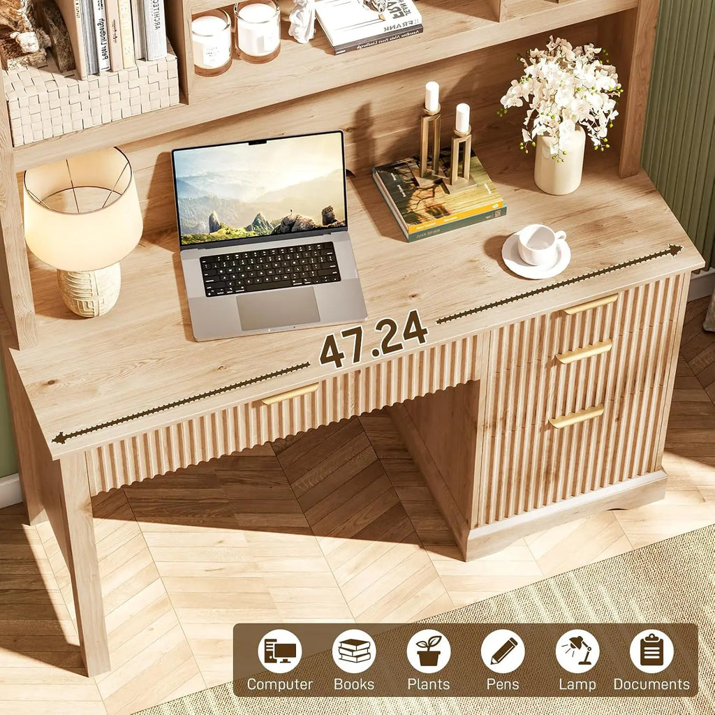 Fluted Computer Desk with Hutch Wood