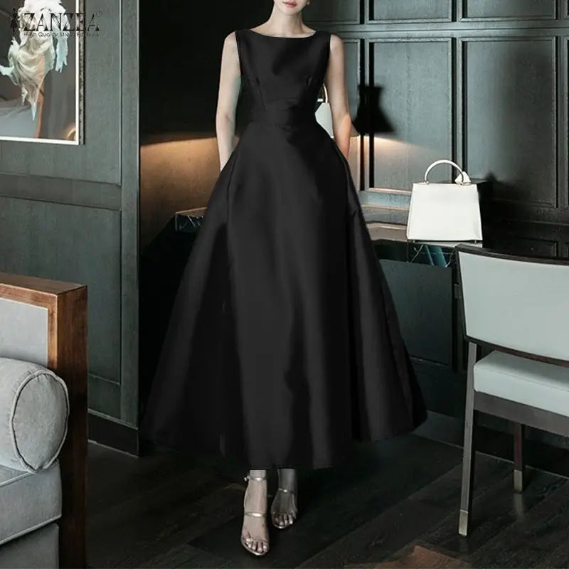 2026 Elegant Party Dress ZANZEA Stylish Women Satin Dress Summer Sleeveless OL Work Midi Dresses Solid A Line Waisted Sundress