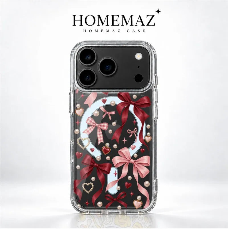 Romantic Bow Heart Clear Case for iPhone, Pearl Ribbon Graphic Shockproof Cover with Raised Camera Edge, Slim Transparent Protective Phone Case