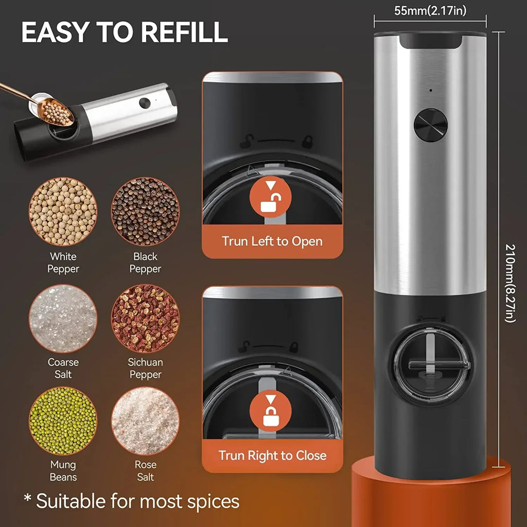 Electric Salt Pepper Grinder Set USB Rechargeable Automatic Spice Mill with LED Light Adjustable Coarseness Kitchen Gadget
